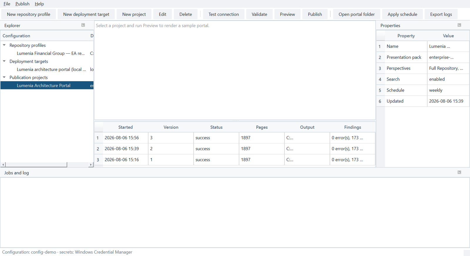 Architecture Publisher console showing repository profiles, deployment targets and publication projects