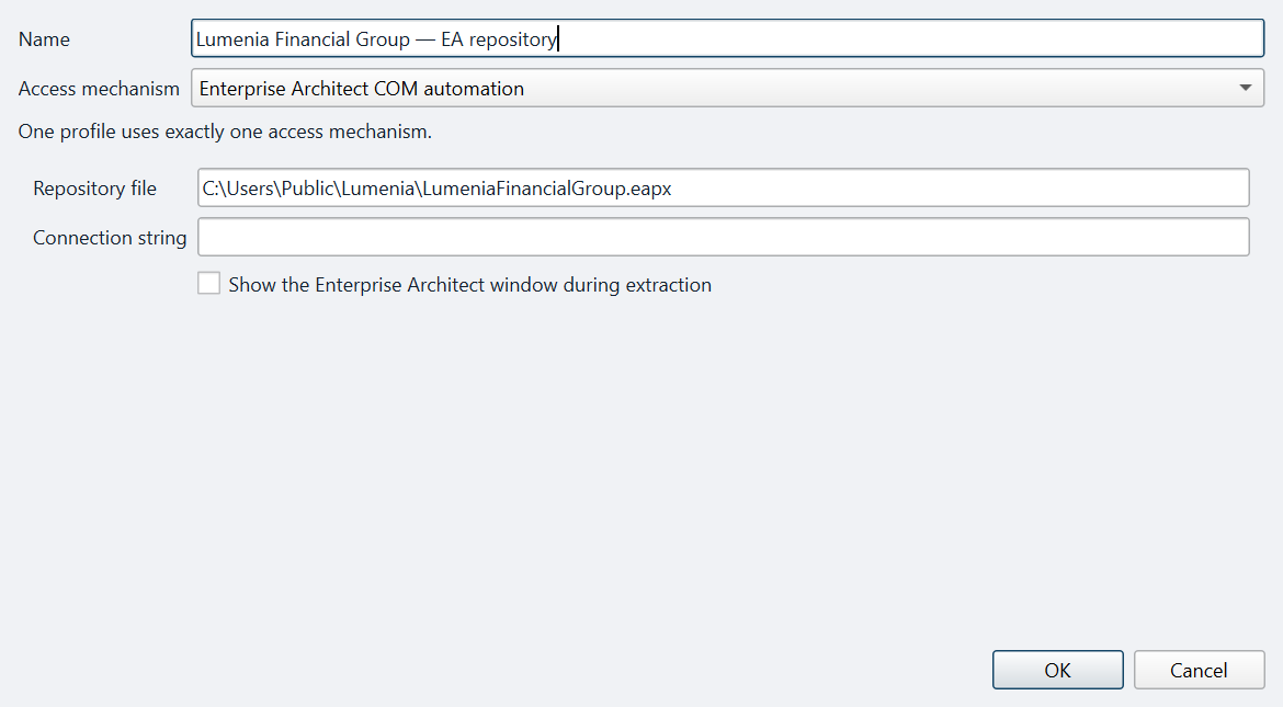 Repository profile dialog pointed at a Sparx Enterprise Architect .eapx file over COM