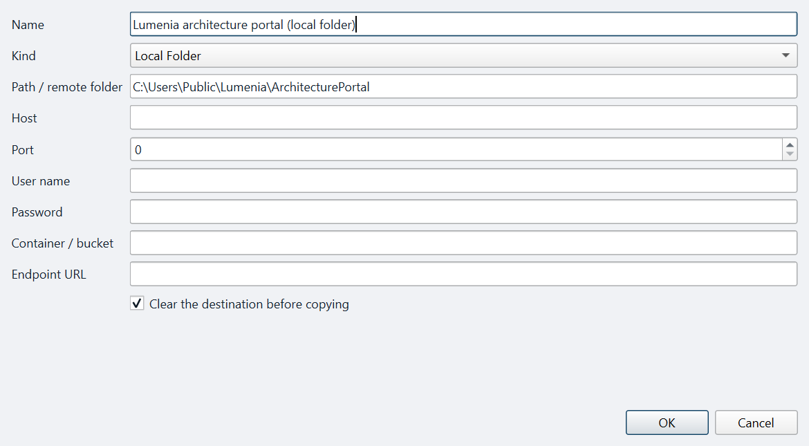 Deployment target dialog for a local folder, network share, FTP or WebDAV destination
