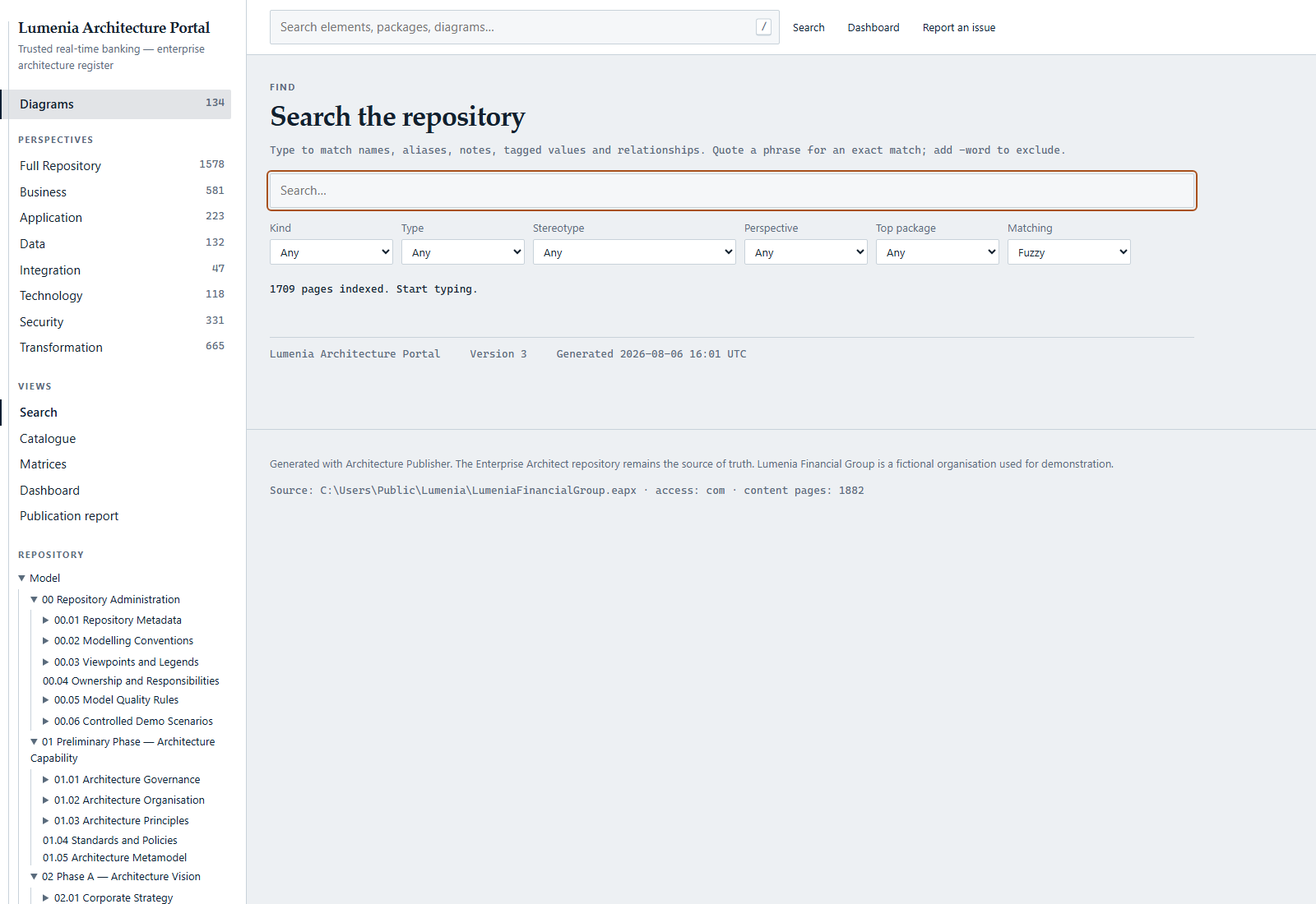 Search page with faceted results from the browser-side index